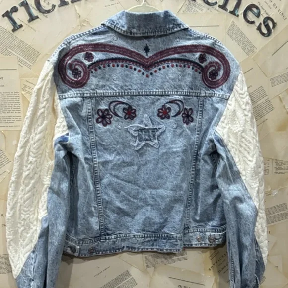 Free People Embroidered Denim Jacket Cable Knit Sleeves Slouchy Applique